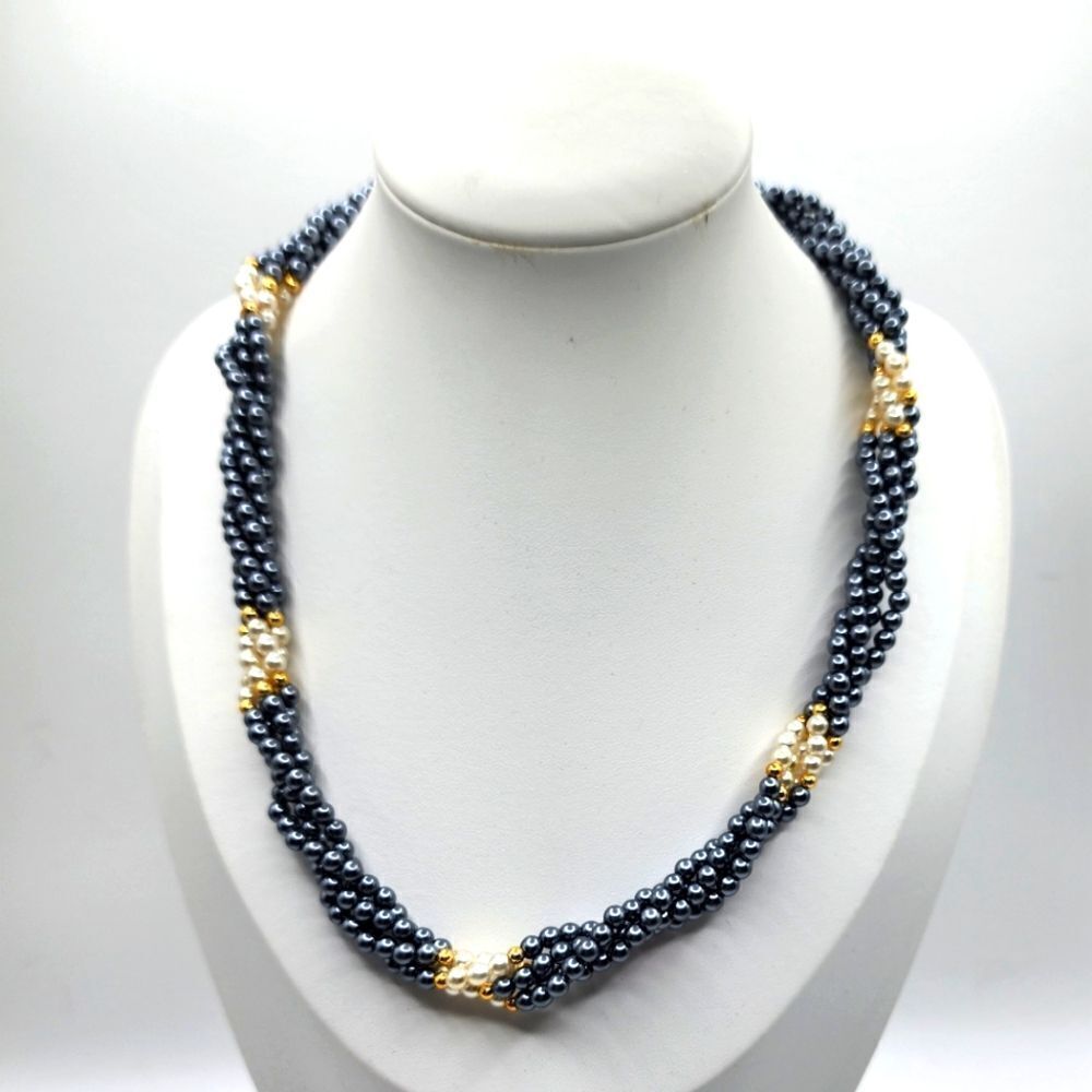 Vintage Seed Bead Choker Parklane Faux Pearl White Blue Grey Gold Multi Strand